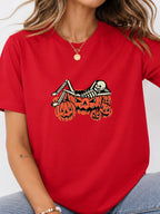 Skeleton Chilling In Pumpkin Graphic Tee - Red Model