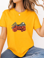 Skeleton Chilling In Pumpkin Graphic Tee - Gold Model