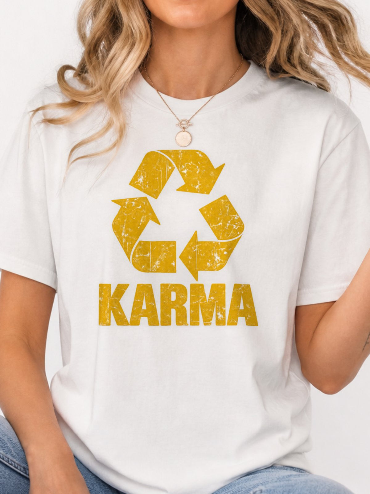 Karma Recycle Symbol Distressed Graphic T-Shirt - White Model