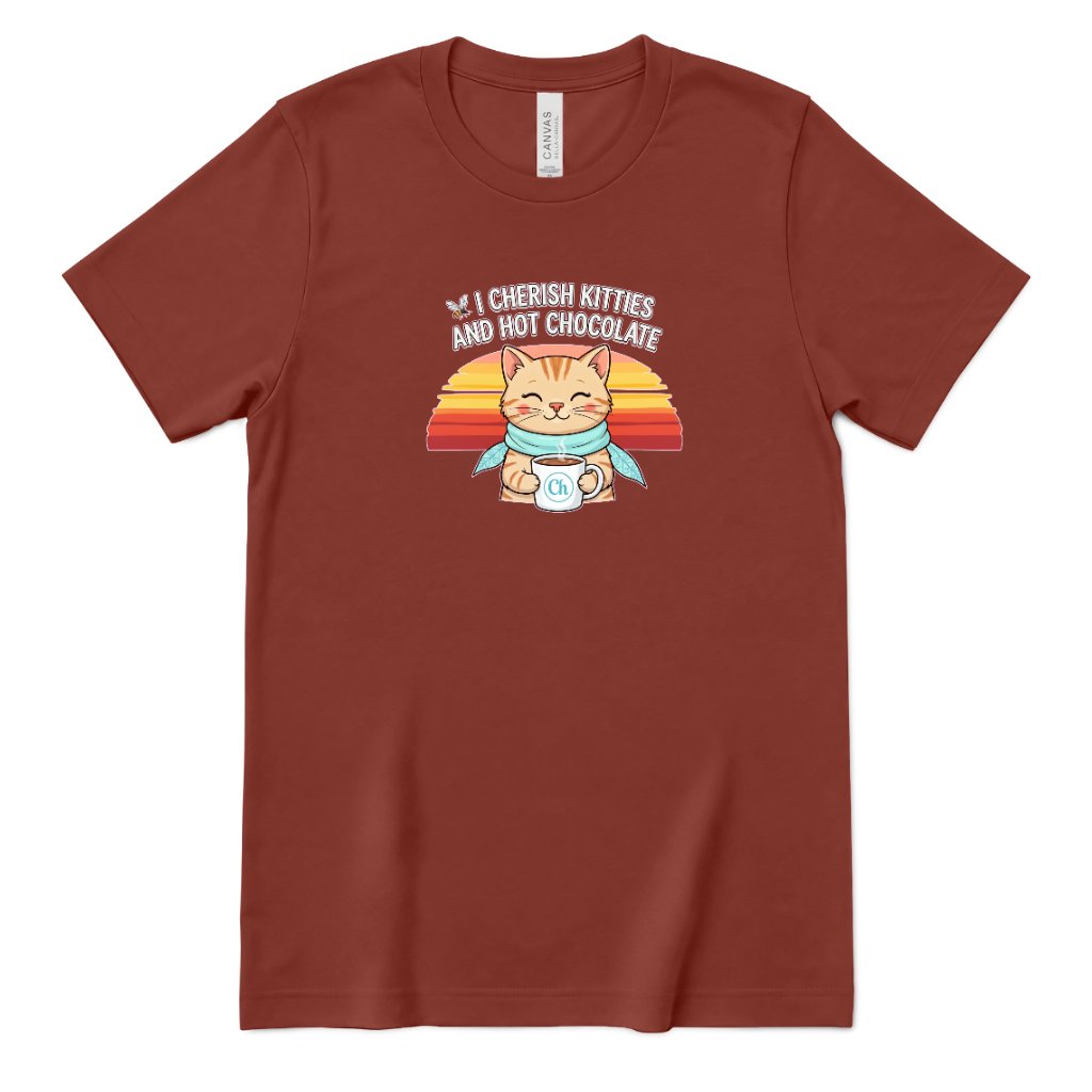 Retro Sunset Cat Tee, Cozy Fall Cat Lover T‑Shirt, Hot Chocolate Graphic Tee, Kitty Owner Gift Top - Rust Front