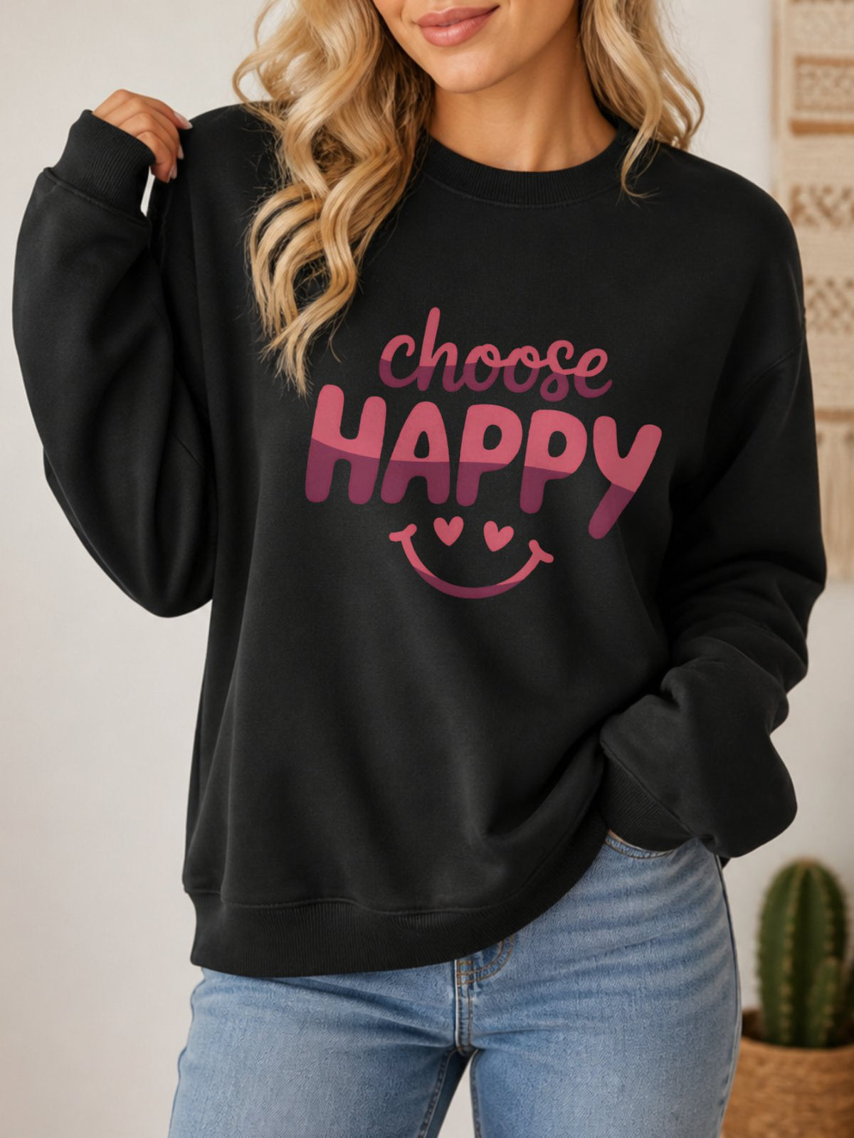 Choose Happy Vintage Boho Graphic Sweatshirt - Hanes_Black Model
