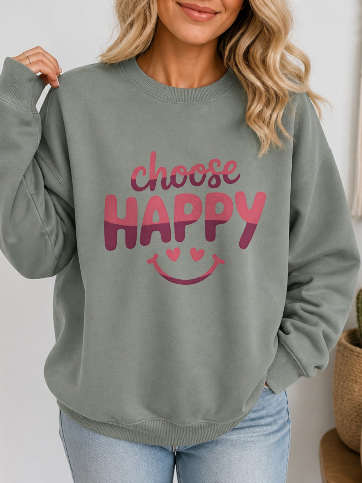 Choose Happy Vintage Boho Graphic Sweatshirt - Hanes_Stonewashed_Green Model