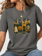 Halloween Ghost Black Cat Pumpkin Bat Graphic T-Shirt - Charcoal Model