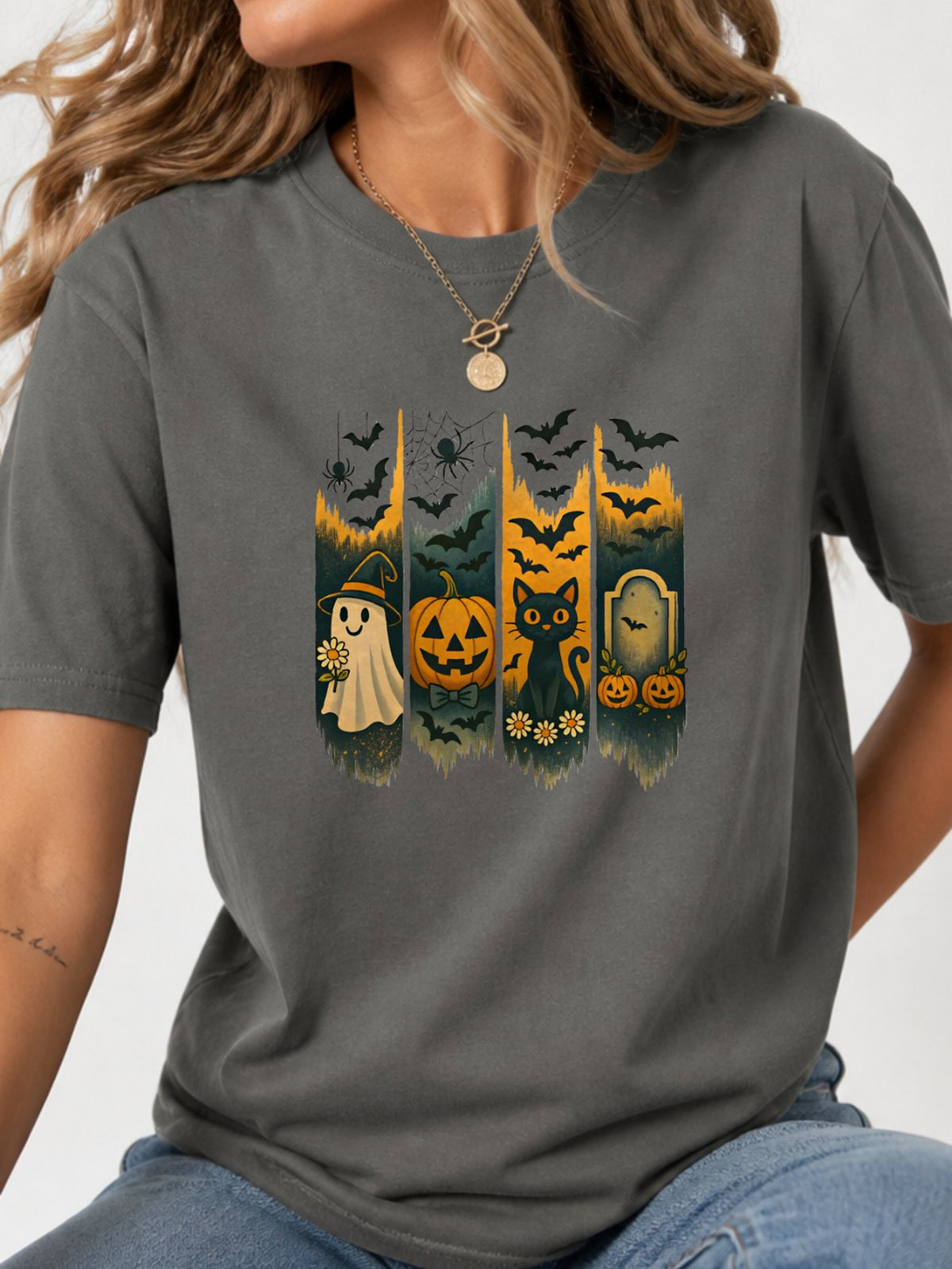 Halloween Ghost Black Cat Pumpkin Bat Graphic T-Shirt - Charcoal Model