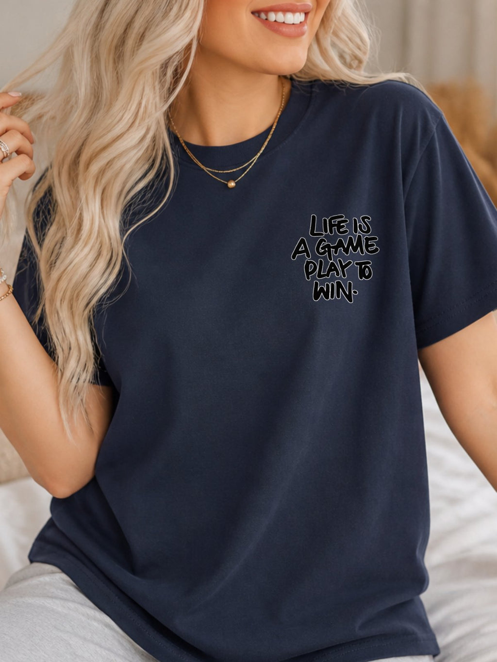 Life Is A Game Play To Win Hand Lettering Graphic T-Shirt - Navy Model