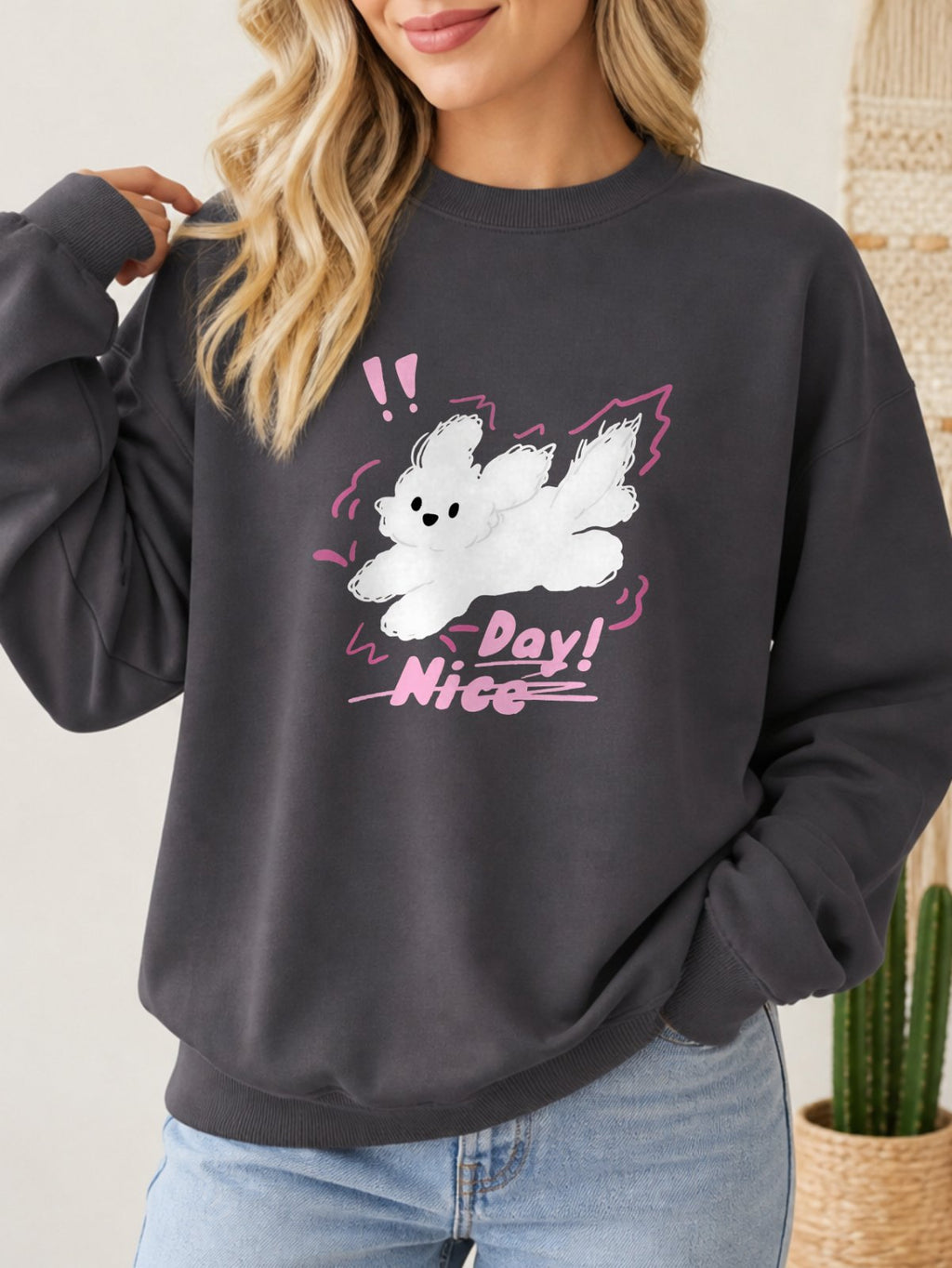 Nice Day Fluffy Puppy Vintage Boho Graphic Sweatshirt - Hanes_Charcoal_Heather Model