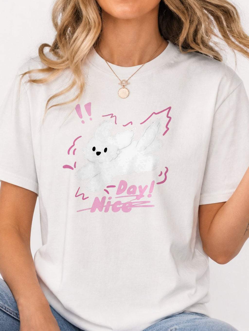 Nice Day Fluffy Dog Graphic T-Shirt - White Model