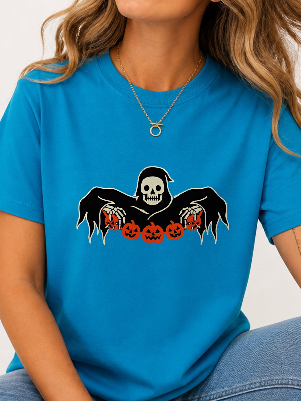 Grim Reaper Skeleton Pumpkin Halloween Tee - Sapphire Model