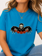 Grim Reaper Skeleton Pumpkin Halloween Tee - Sapphire Model