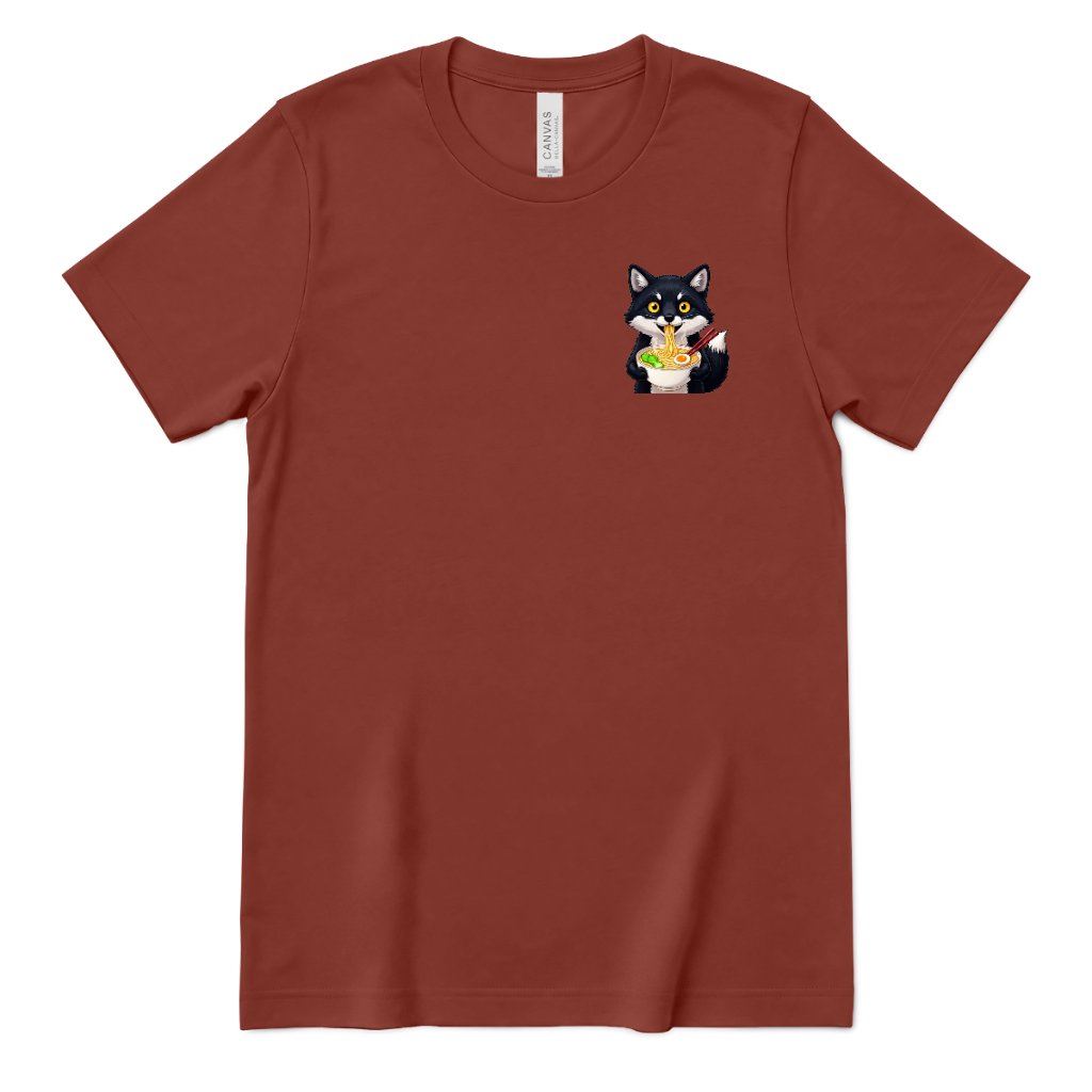 Cute Wolf Eating Ramen Pocket Print Tee, Kawaii Noodle Lover Shirt, Small Graphic T‑Shirt, Anime Food Tee, Casual Minimal Animal Top - Rust Front
