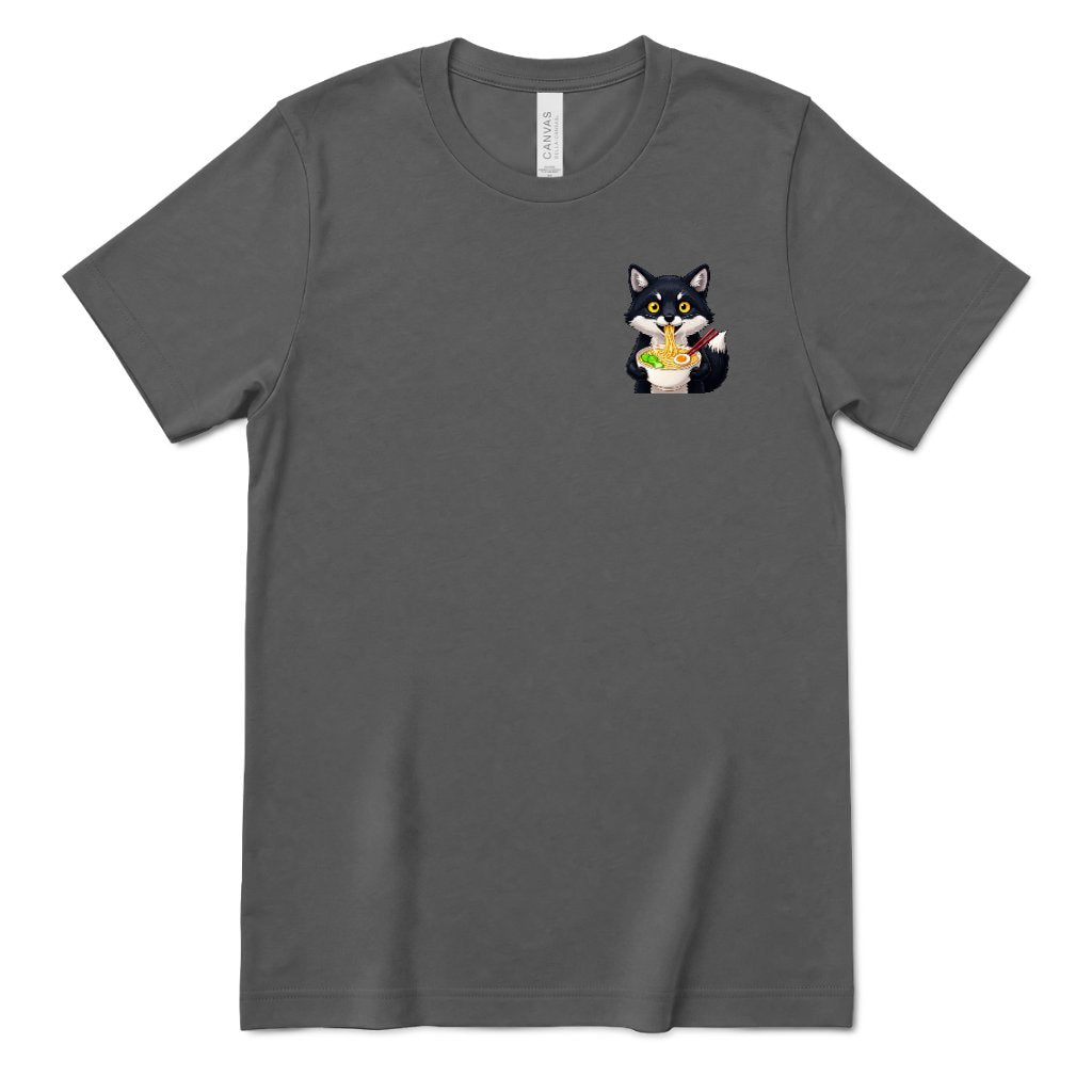 Cute Wolf Eating Ramen Pocket Print Tee, Kawaii Noodle Lover Shirt, Small Graphic T‑Shirt, Anime Food Tee, Casual Minimal Animal Top - Asphalt Front