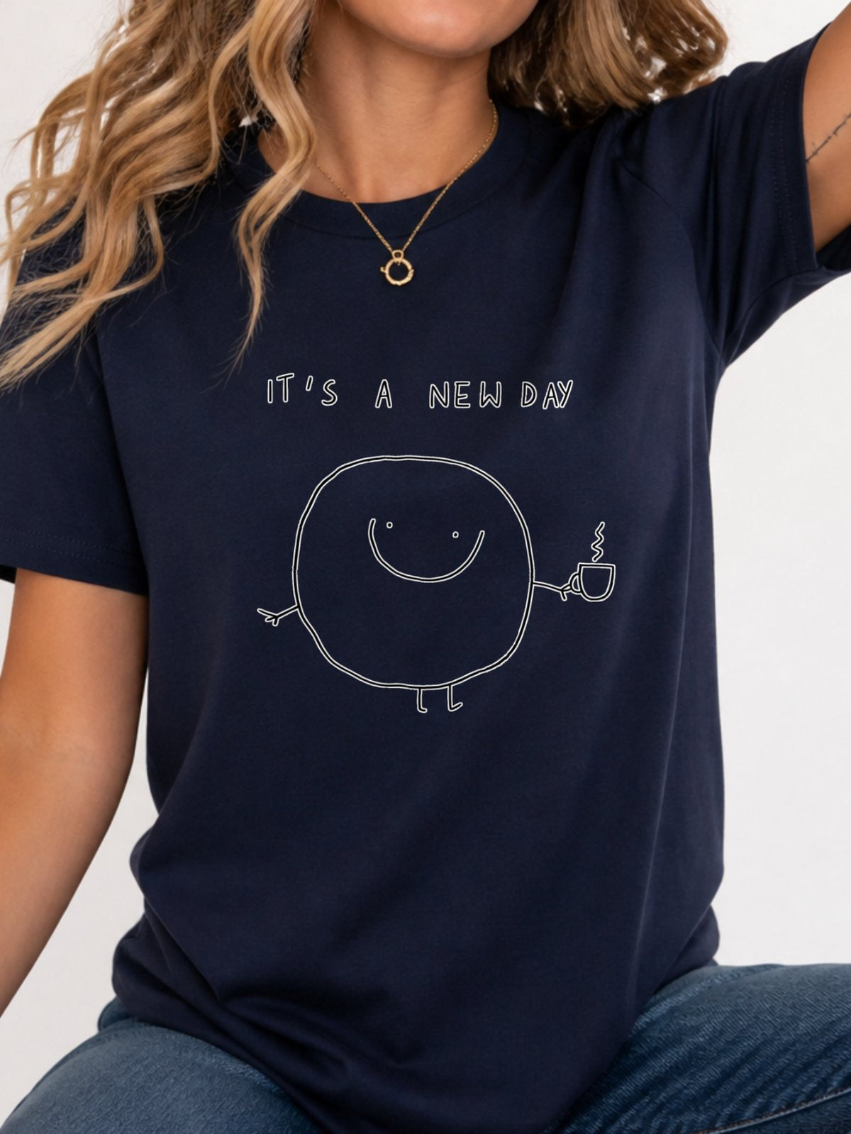 It's A New Day Coffee Cartoon Doodle Graphic T-Shirt - Navy Model