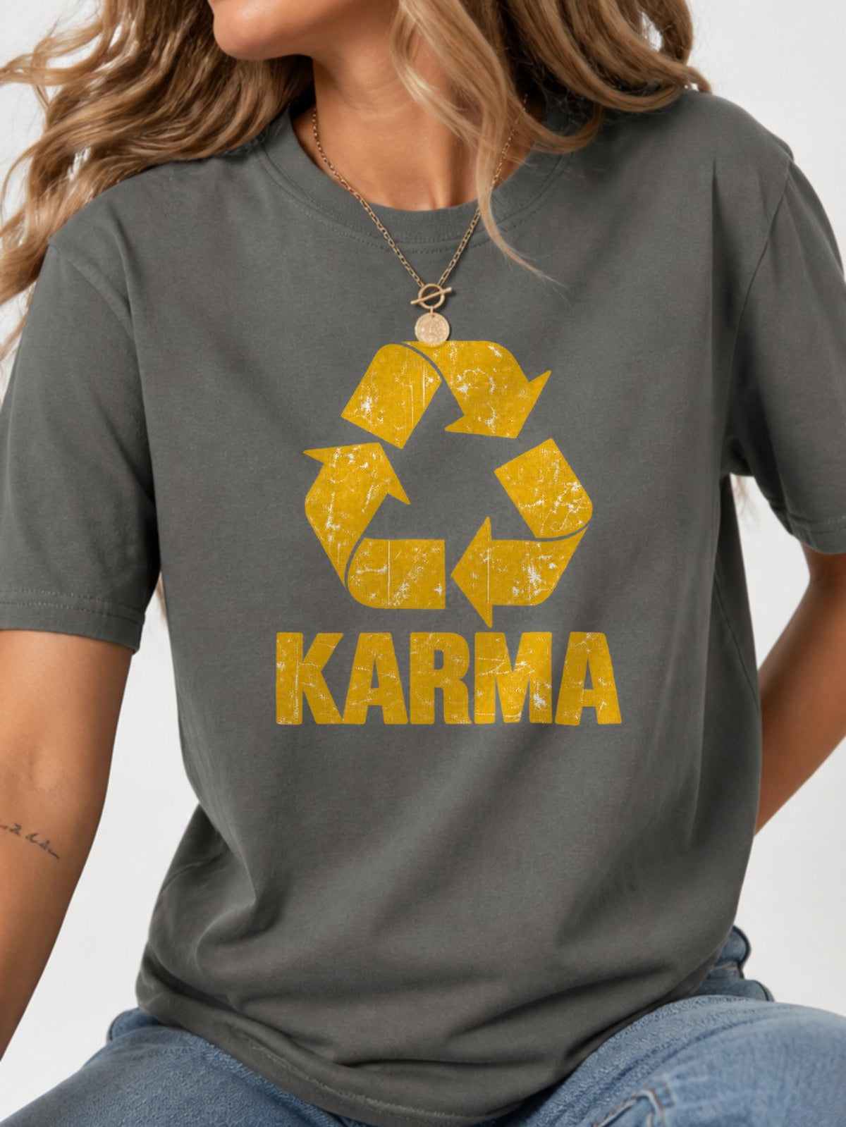 Karma Recycle Symbol Distressed Graphic T-Shirt - Charcoal Model