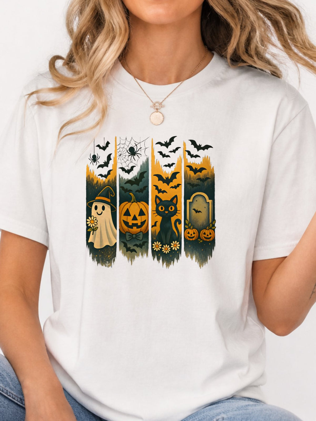 Halloween Ghost Black Cat Pumpkin Bat Graphic T-Shirt - White Model