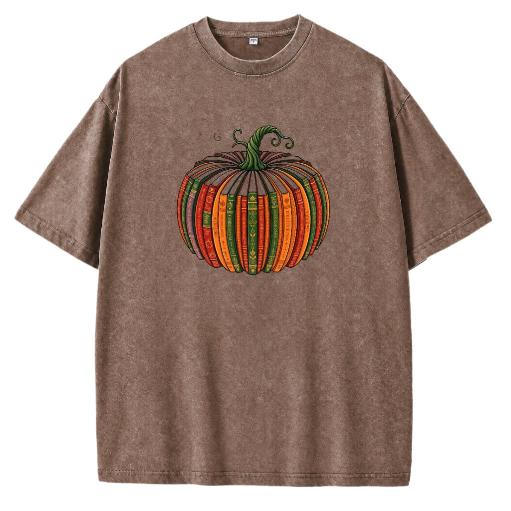 Colorful Antique Book Pumpkin Fall Graphic Oversized T Shirts for Women Men Vintage Washed Unisex Tees, Drop Shoulder Retro Soft Casual Streetwear Crew Neck Tops - Coffee Front