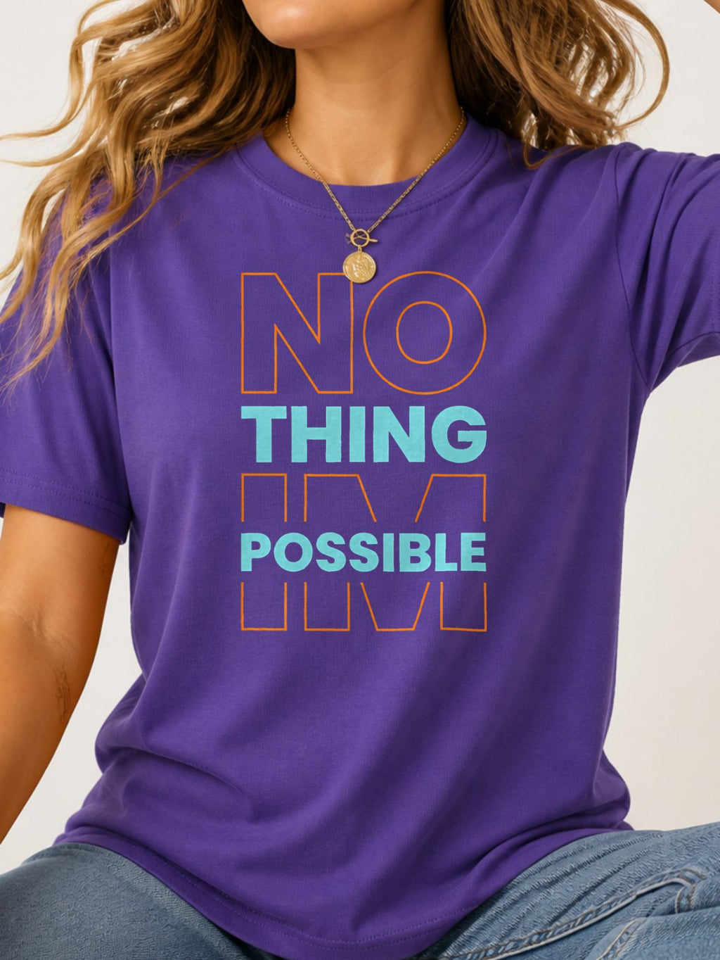 Nothing Is Possible Color Block Graphic T-Shirt - Lilac Model