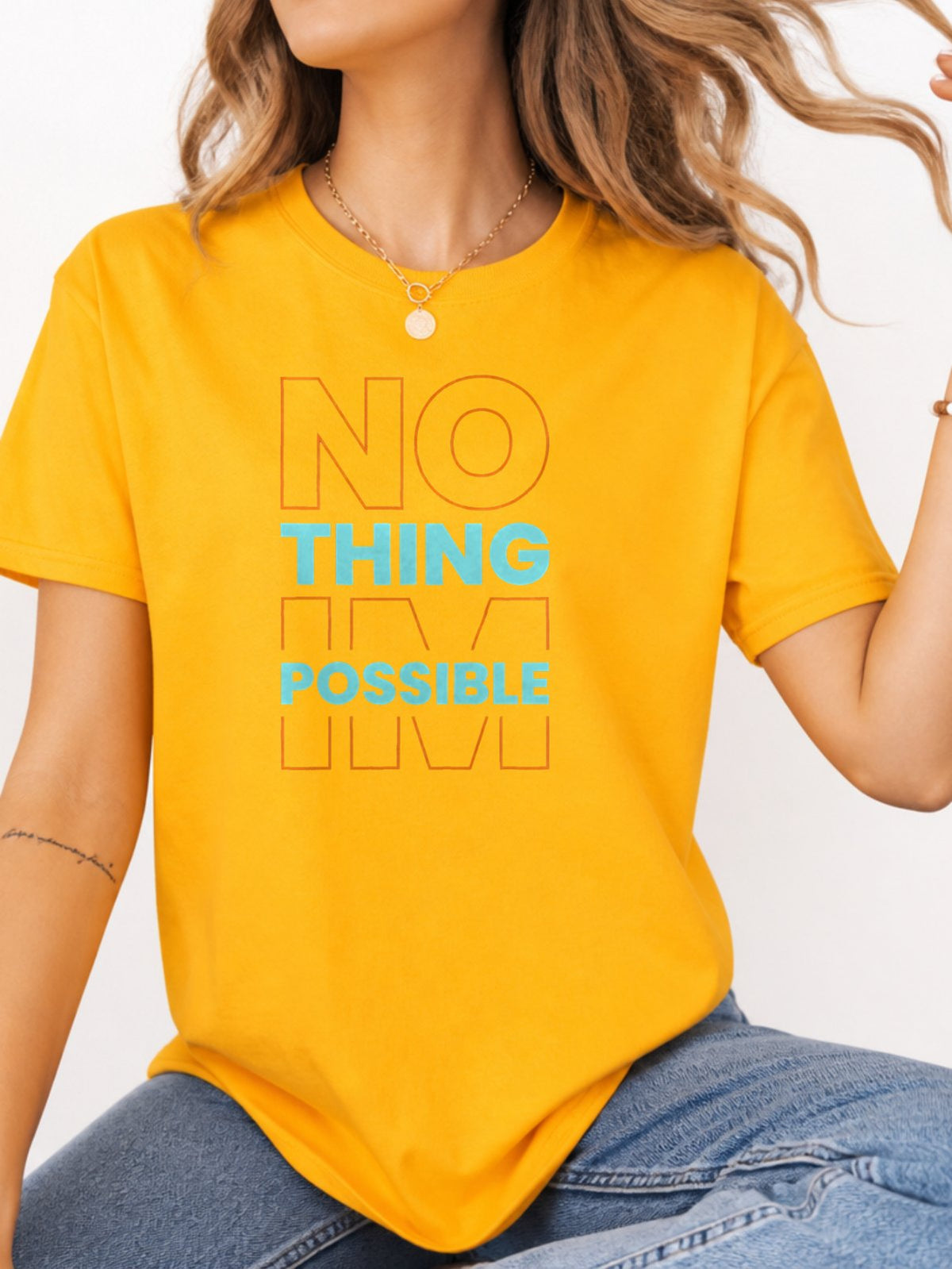 Nothing Is Possible Color Block Graphic T-Shirt - Gold Model