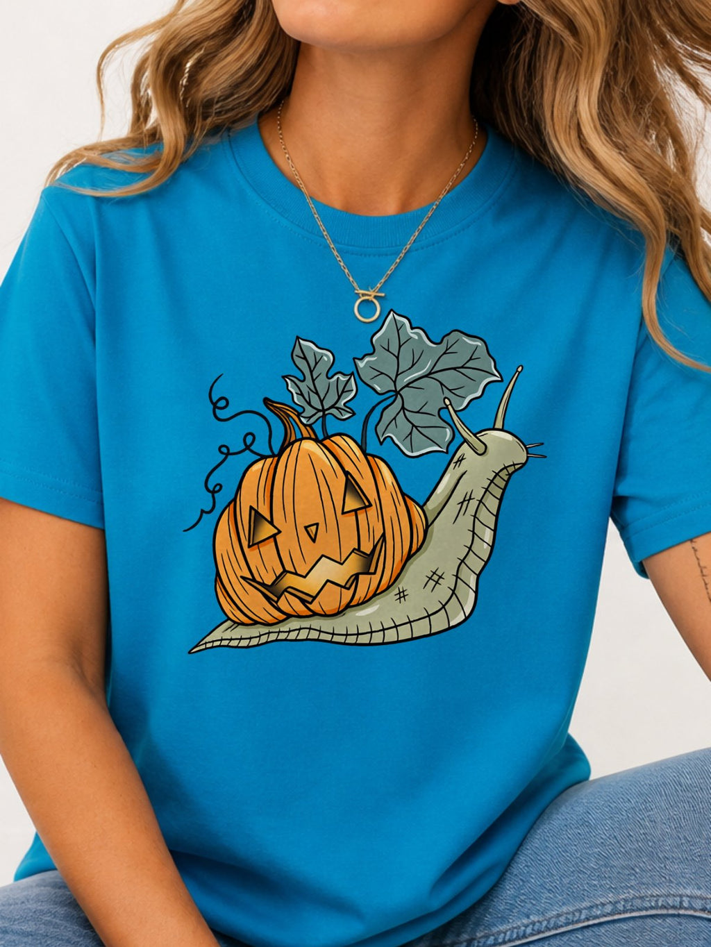 Snail Jack O Lantern Pumpkin Graphic T-Shirt - Sapphire Model