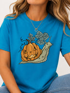 Snail Jack O Lantern Pumpkin Graphic T-Shirt - Sapphire Model