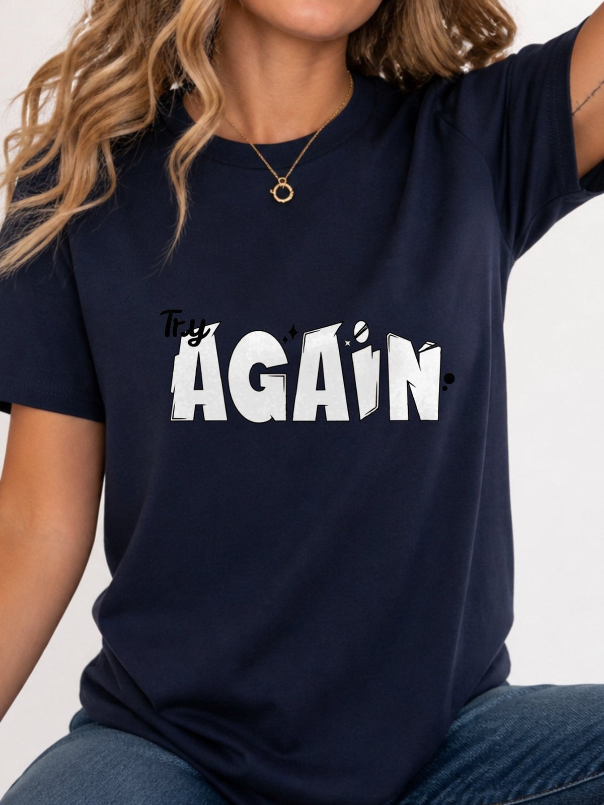 Try Again Cartoon Text Quote Graphic T-Shirt - Navy Model