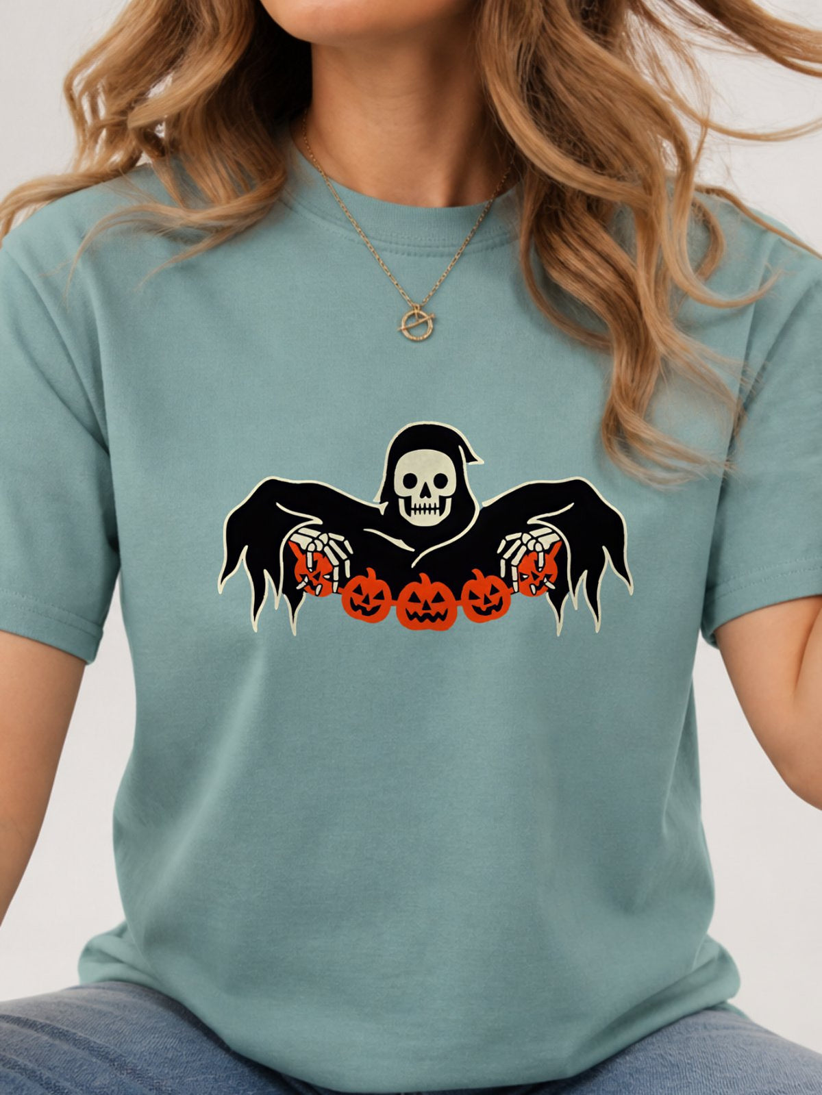 Grim Reaper Skeleton Pumpkin Halloween Tee - Aquatic Model