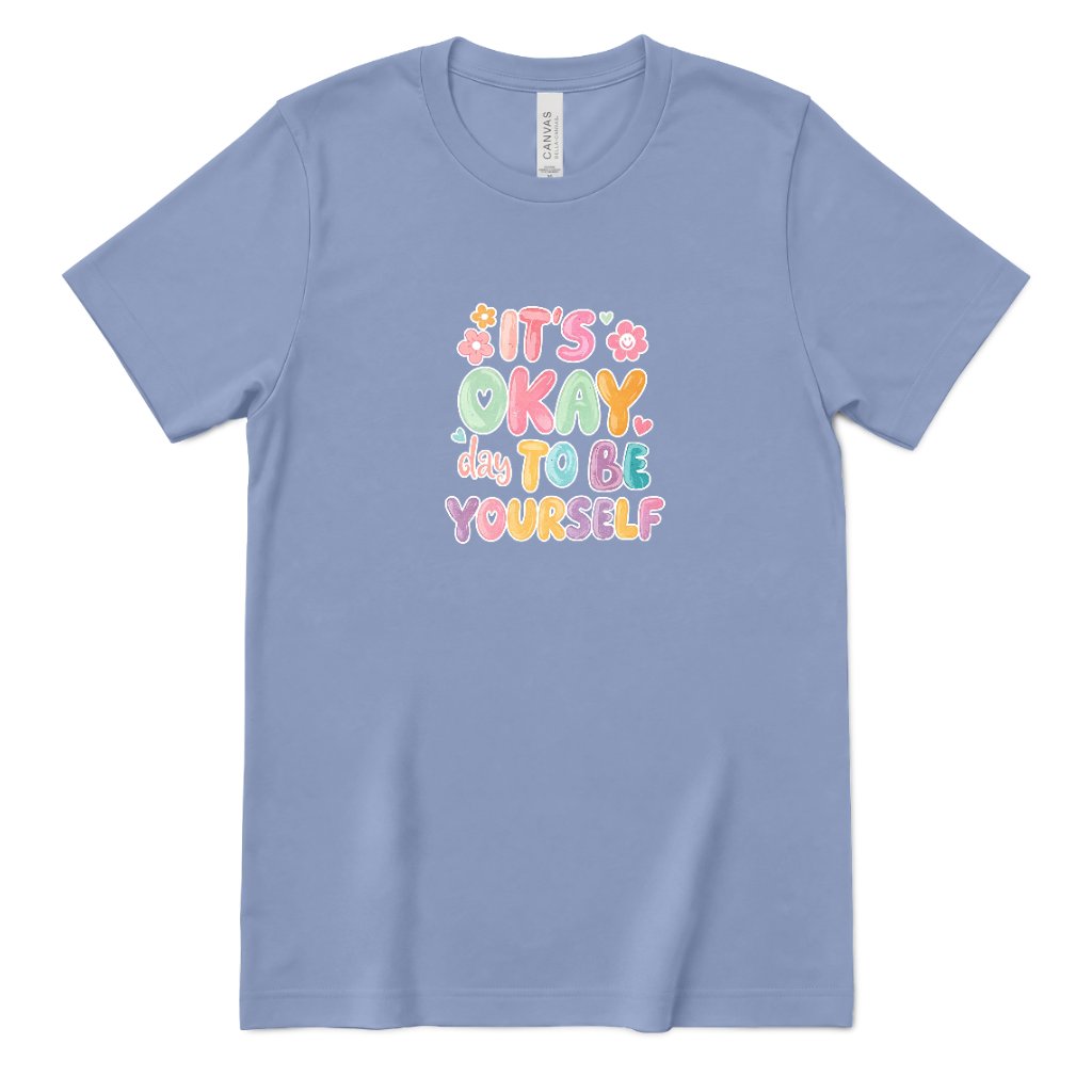 Retro Bubble Letter Positive Tee, Self Acceptance Graphic T‑Shirt, Mental Health Awareness, Be Kind To Yourself Top - Lavender Blue Front
