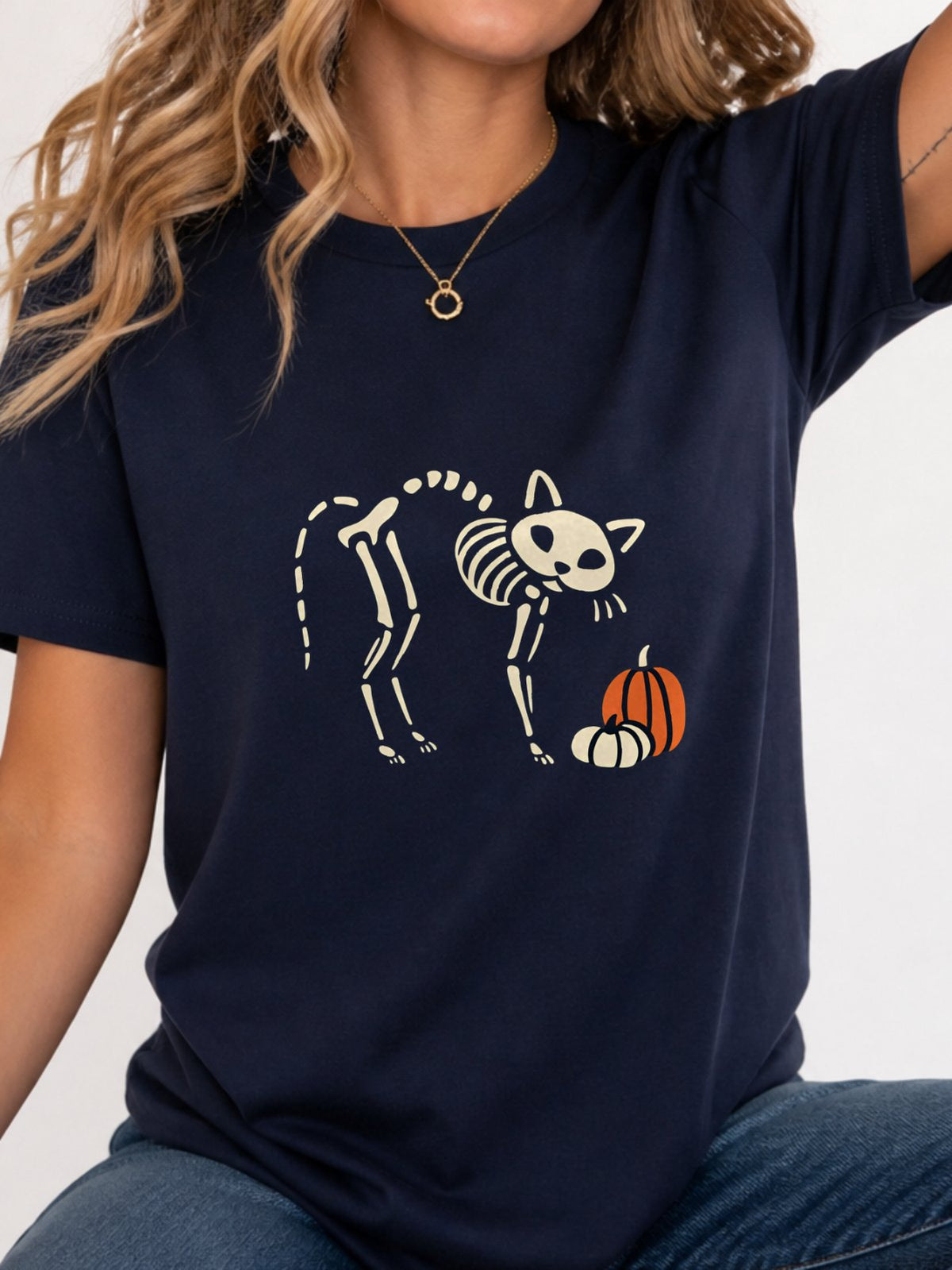 Cat Skeleton Pumpkin Halloween Graphic T-Shirt - Navy Model