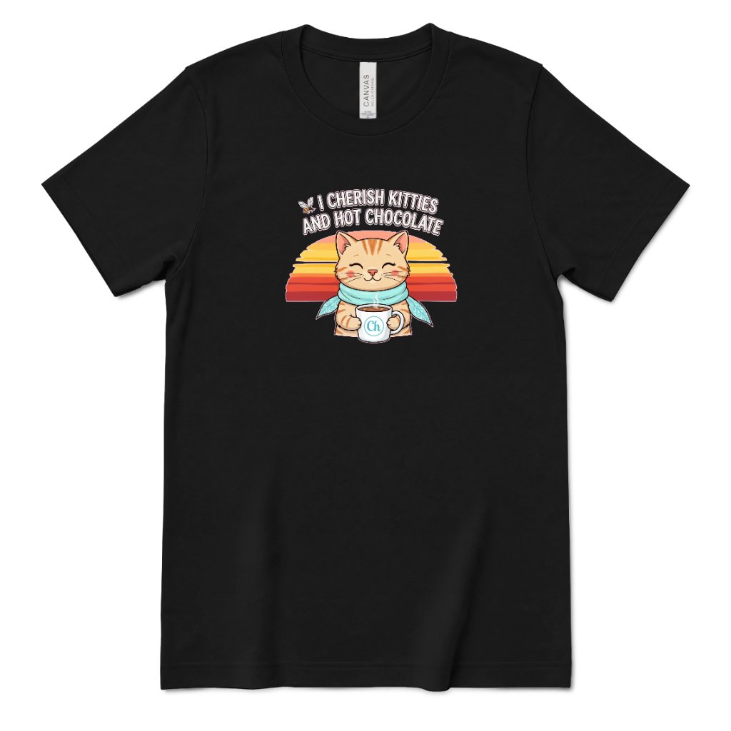 Retro Sunset Cat Tee, Cozy Fall Cat Lover T‑Shirt, Hot Chocolate Graphic Tee, Kitty Owner Gift Top - Black Front