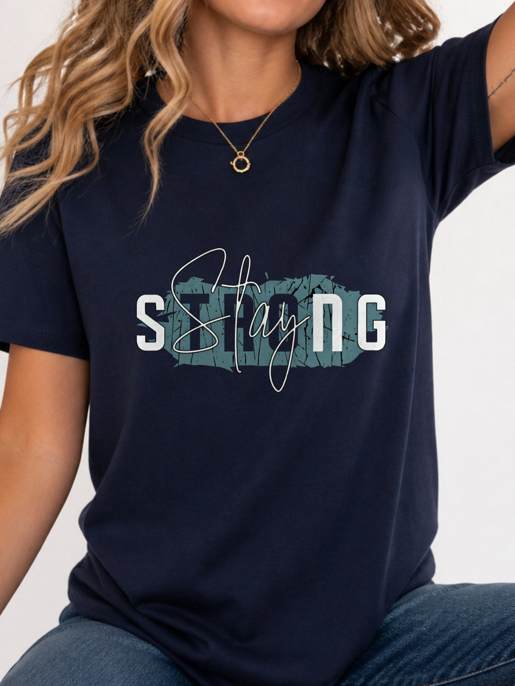 Stay Strong Distressed Script Graphic T-Shirt - Navy Model
