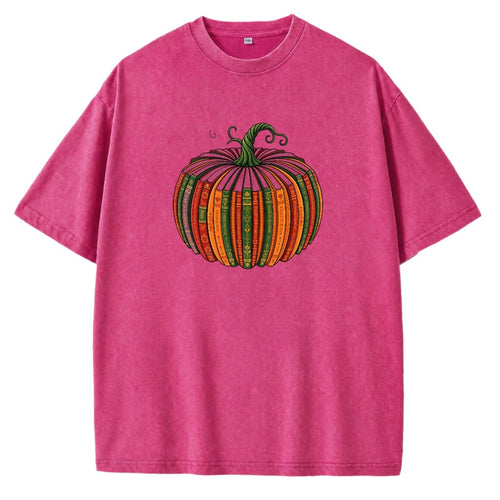 Colorful Antique Book Pumpkin Fall Graphic Oversized T Shirts for Women Men Vintage Washed Unisex Tees, Drop Shoulder Retro Soft Casual Streetwear Crew Neck Tops - Fuchsia Front
