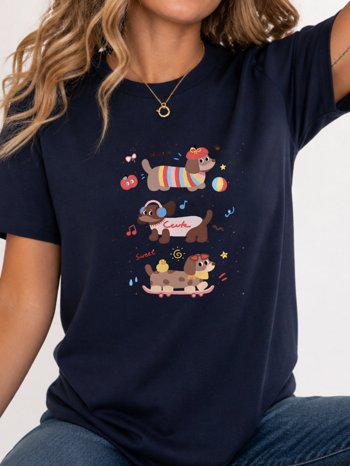 Cute Dachshund Dogs Graphic Tee - Navy Model