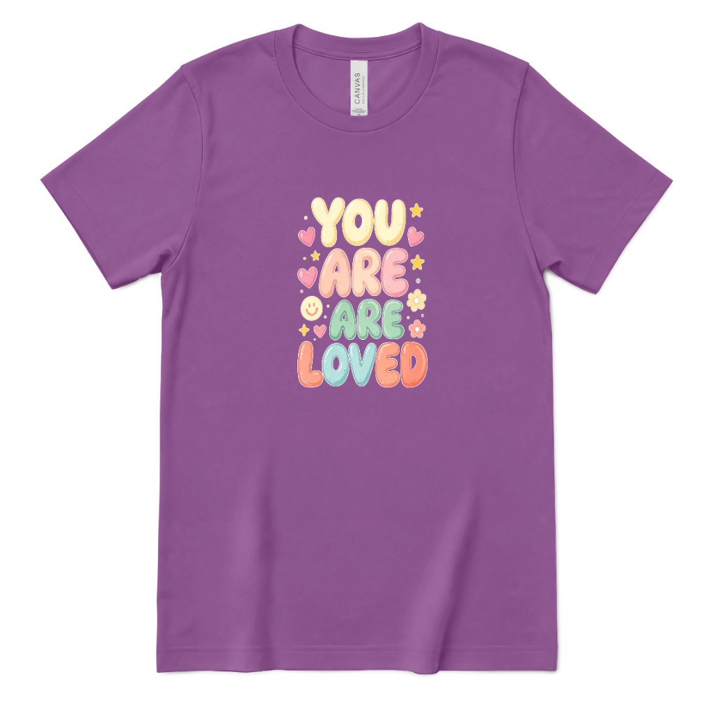 You Are Are Loved Shirt, Positive Affirmation Tee, Retro Bubble Letter T‑Shirt, Mental Health Gift, Self Love Graphic Tee, Kindness Inspirational Top - Royal Purple Front