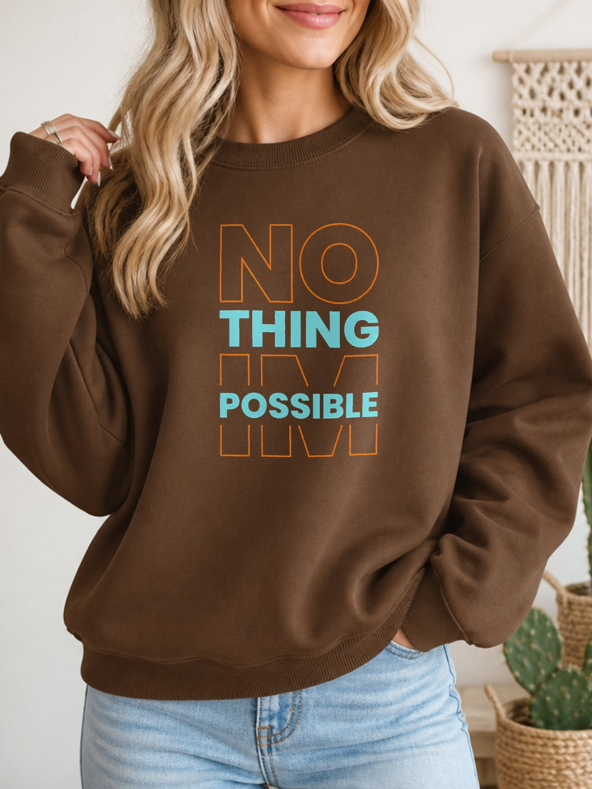 Nothing Impossible Vintage Boho Graphic Sweatshirt - Hanes_Army_Brown Model