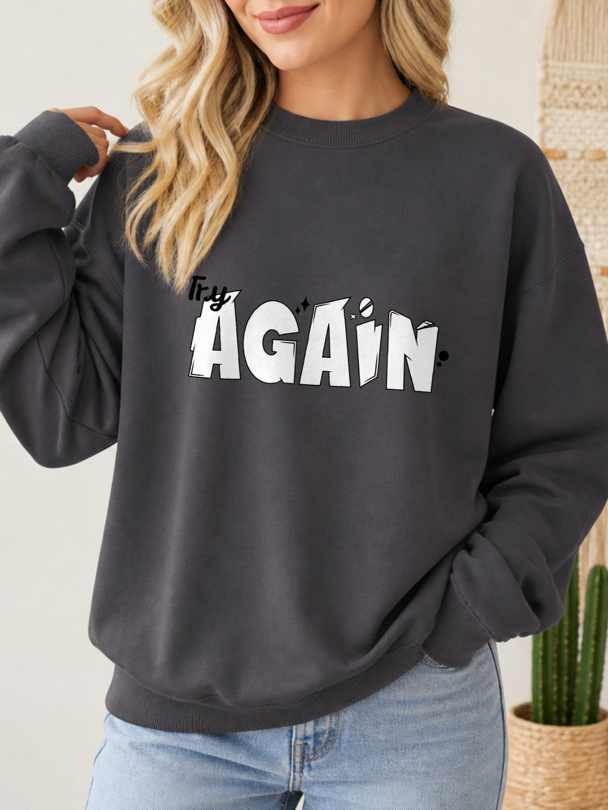 Try Again Vintage Boho Graphic Sweatshirt - Hanes_Charcoal_Heather Model