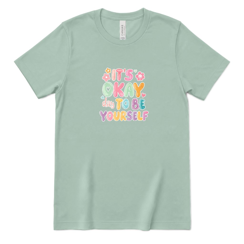Retro Bubble Letter Positive Tee, Self Acceptance Graphic T‑Shirt, Mental Health Awareness, Be Kind To Yourself Top - Dusty Blue Front