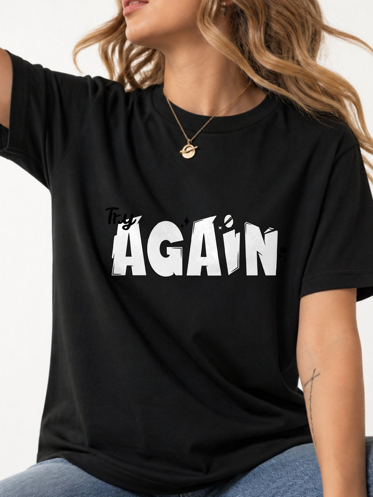 Try Again Cartoon Text Quote Graphic T-Shirt - Black Model