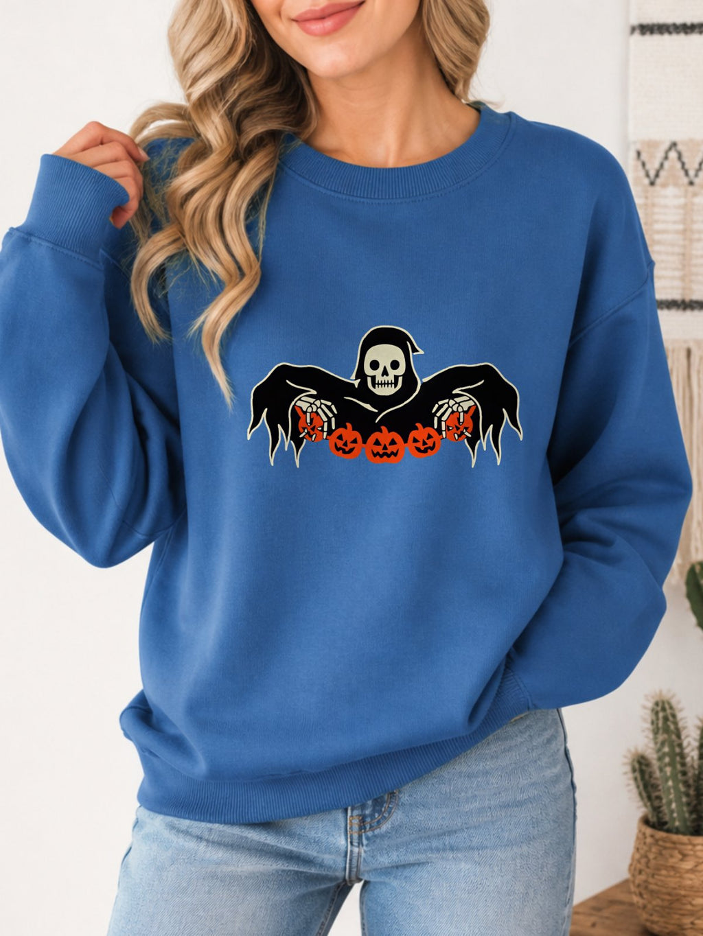 Grim Reaper Pumpkin Vintage Boho Sweatshirt - Hanes_Denim_Blue Model