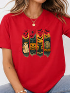Halloween Ghost Black Cat Pumpkin Bat Graphic T-Shirt - Red Model