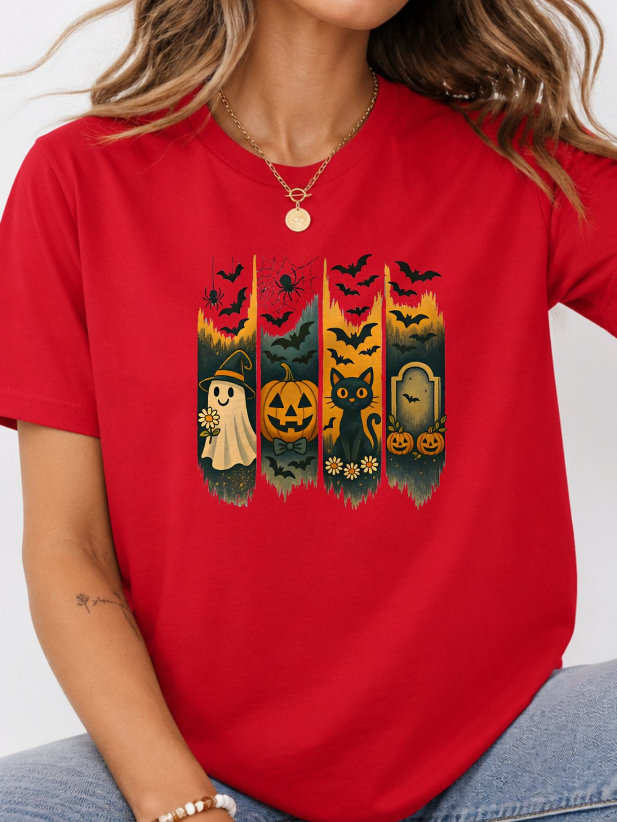 Halloween Ghost Black Cat Pumpkin Bat Graphic T-Shirt - Red Model