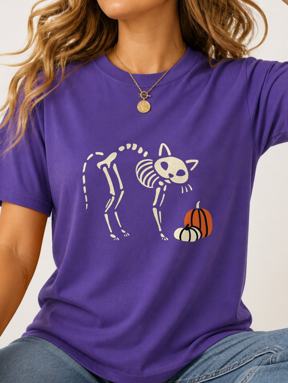 Cat Skeleton Pumpkin Halloween Graphic T-Shirt - Lilac Model