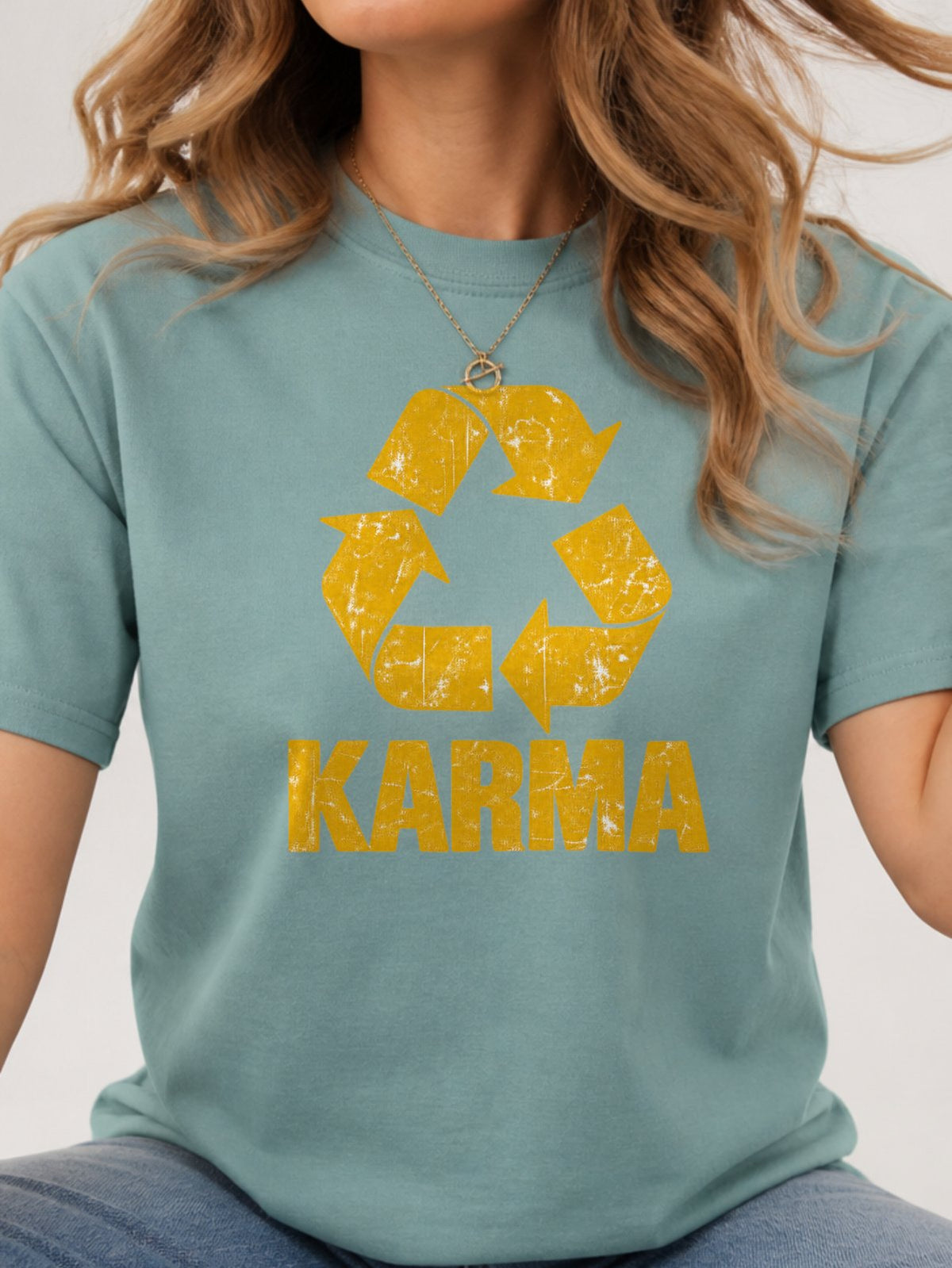 Karma Recycle Symbol Distressed Graphic T-Shirt - Aquatic Model
