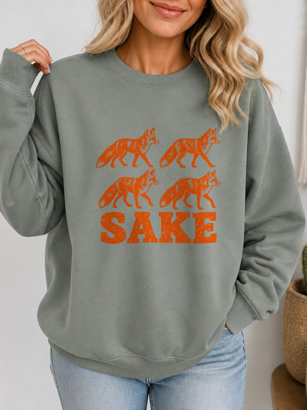 Four Foxes Sake Vintage Boho Graphic Sweatshirt - Hanes_Stonewashed_Green Model