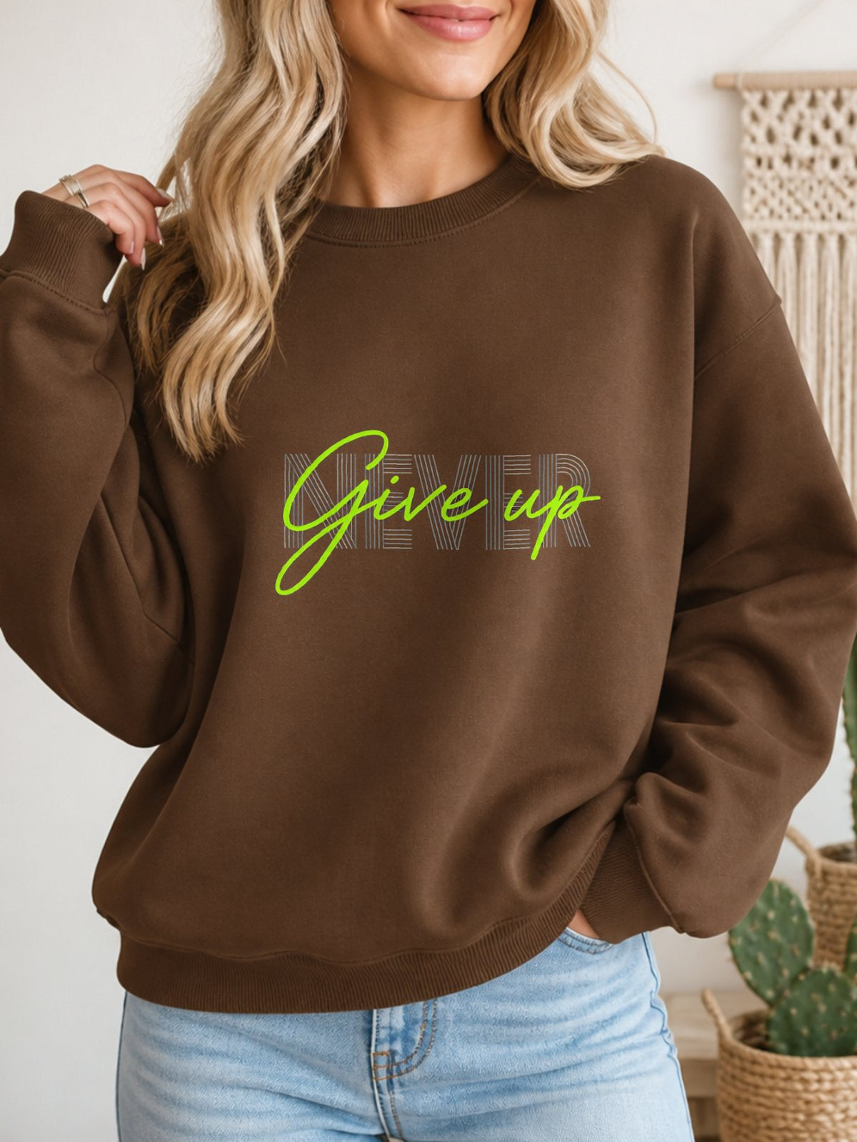 Never Give Up Vintage Boho Graphic Sweatshirt - Hanes_Army_Brown Model