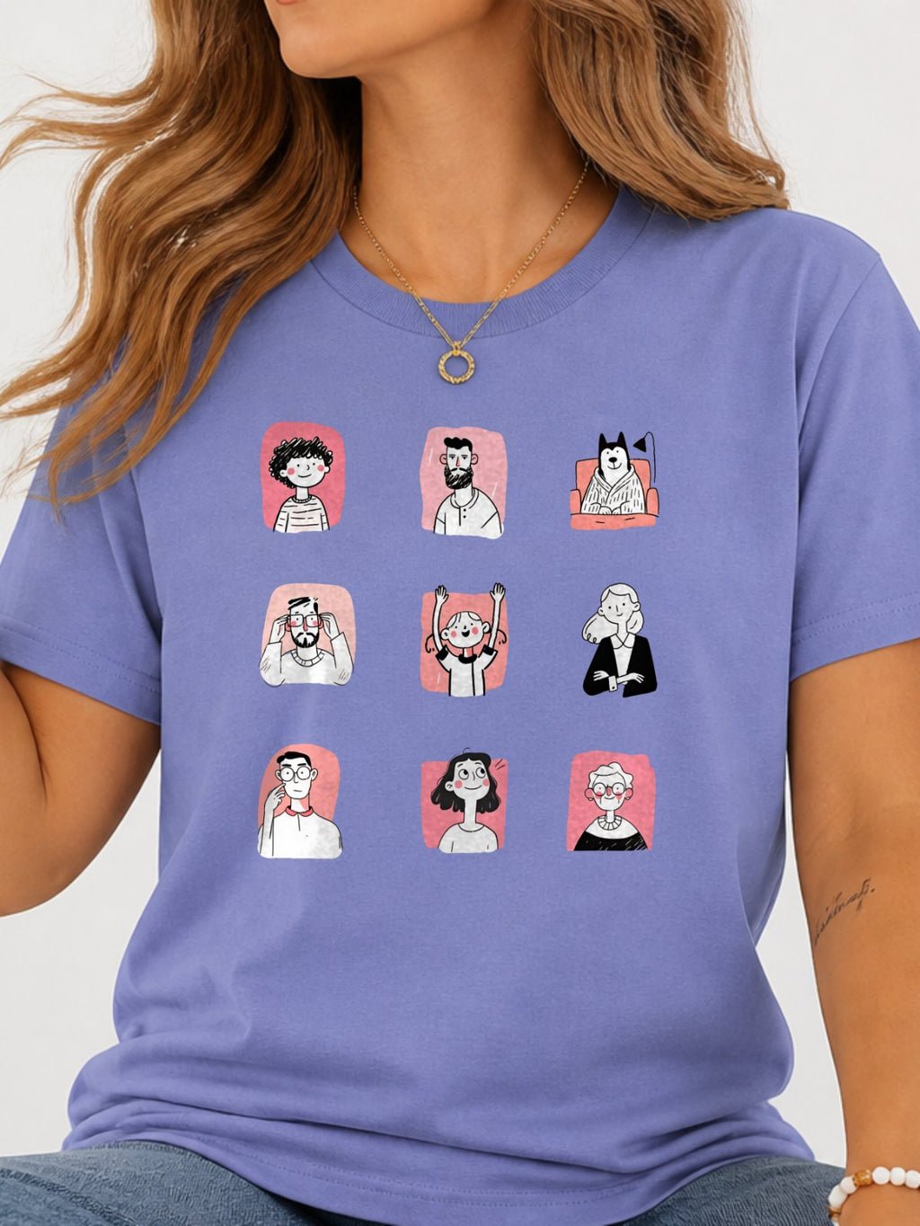 Cute Cartoon People Characters T-Shirt - Violet Model