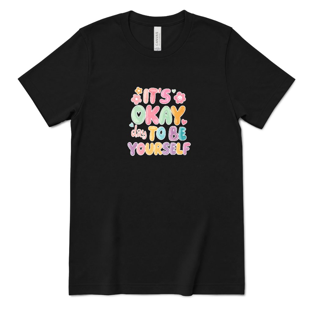 Retro Bubble Letter Positive Tee, Self Acceptance Graphic T‑Shirt, Mental Health Awareness, Be Kind To Yourself Top - Black Front