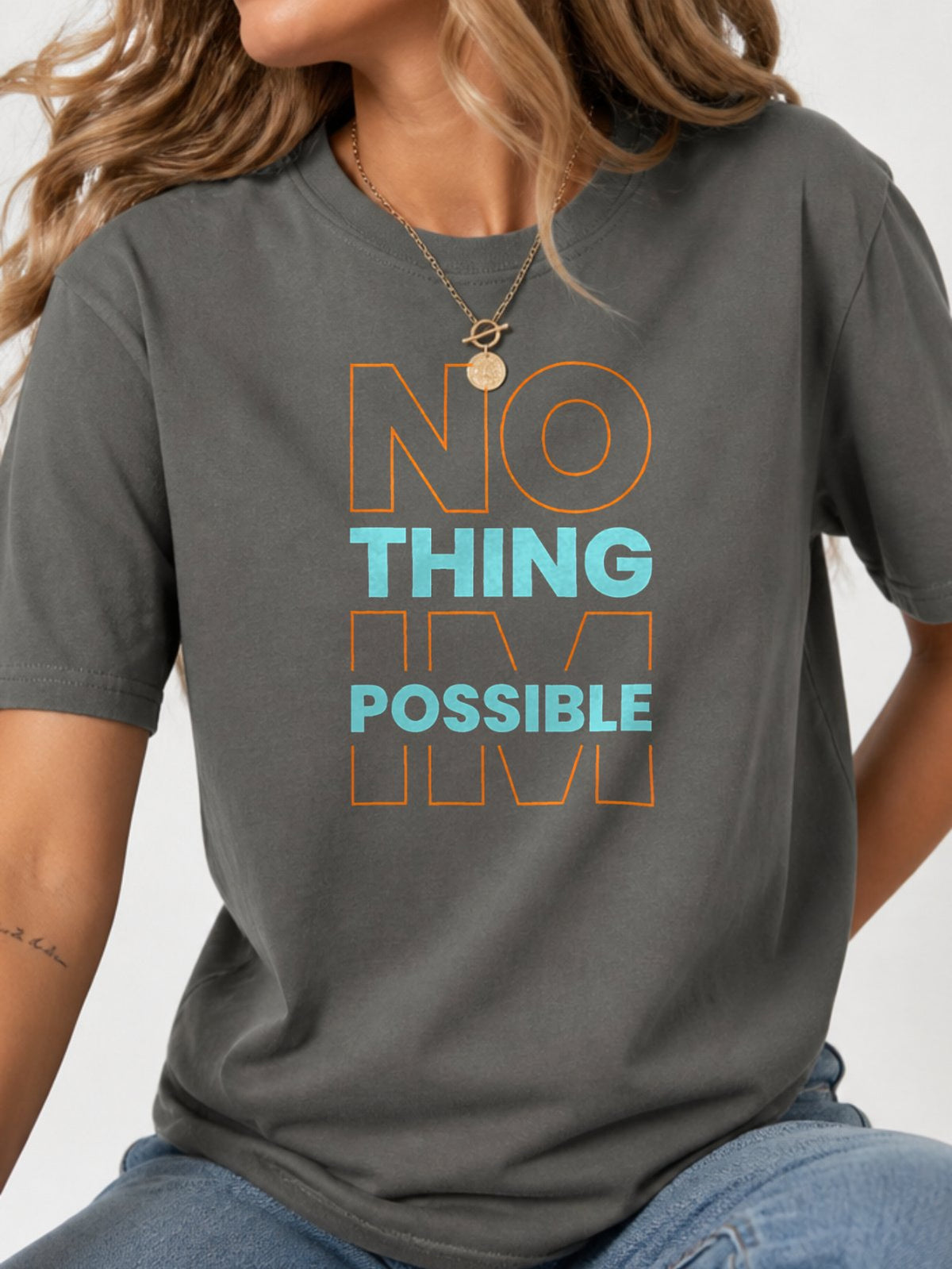 Nothing Is Possible Color Block Graphic T-Shirt - Charcoal Model