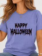 Happy Halloween Metal Text Graphic T-Shirt - Violet Model