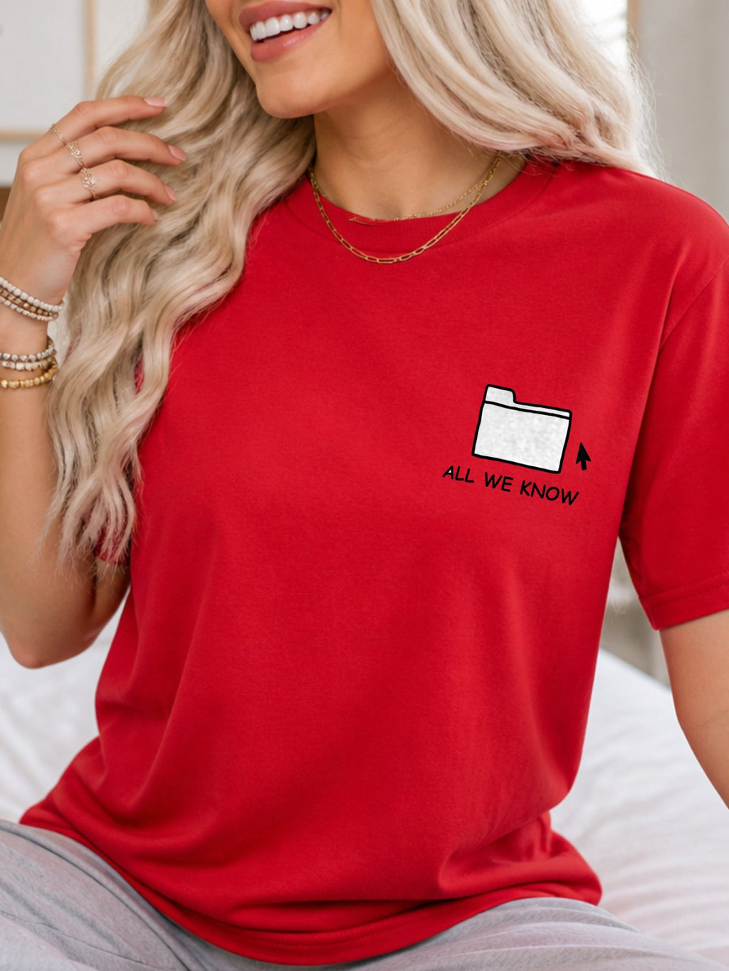 All We Know Folder Doodle Graphic T-Shirt - Red Model