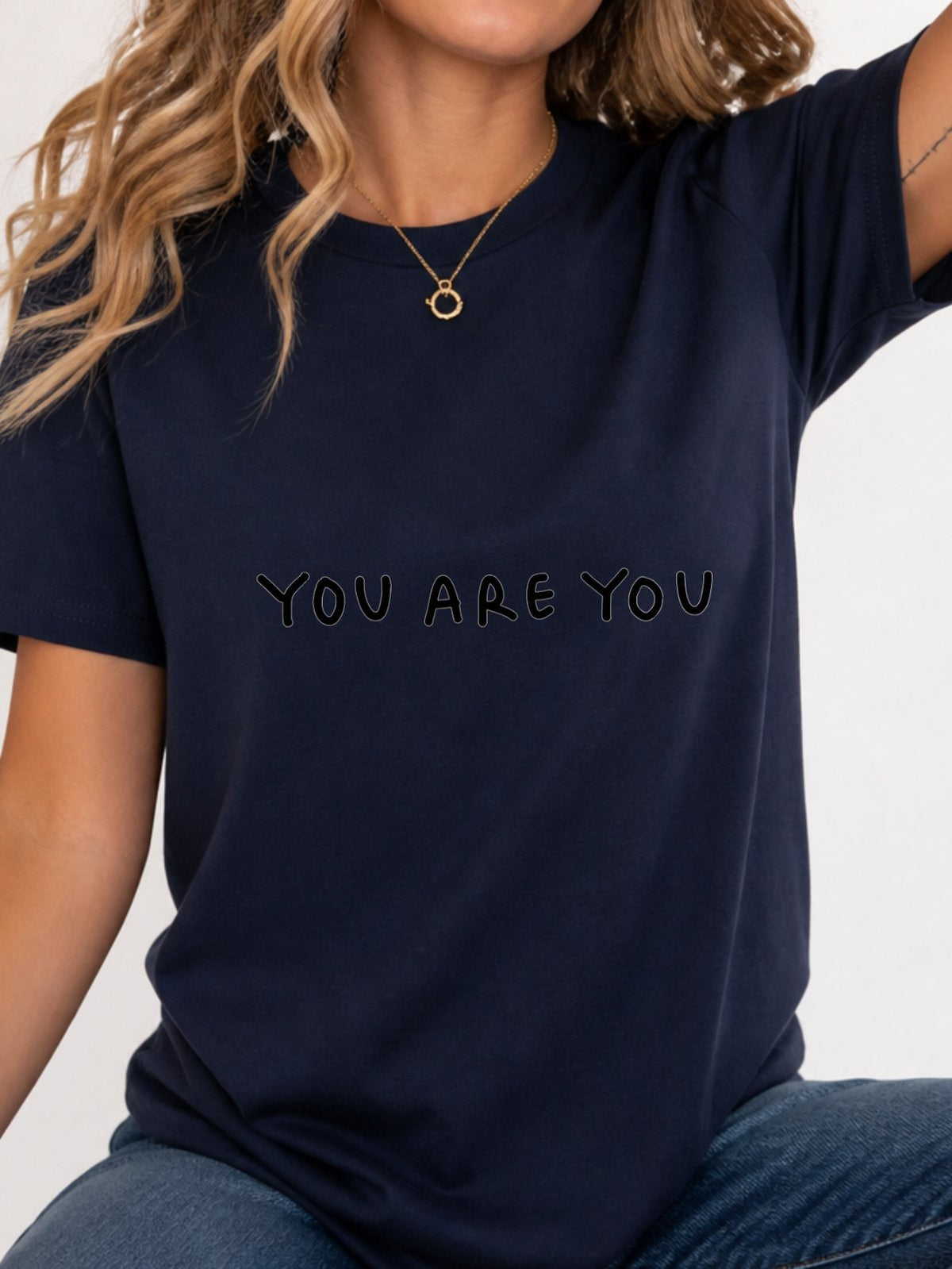 You Are You Simple Handwritten Quote Graphic T-Shirt - Navy Model