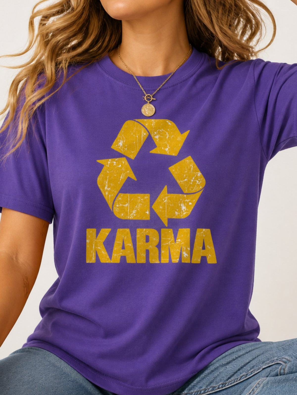 Karma Recycle Symbol Distressed Graphic T-Shirt - Lilac Model
